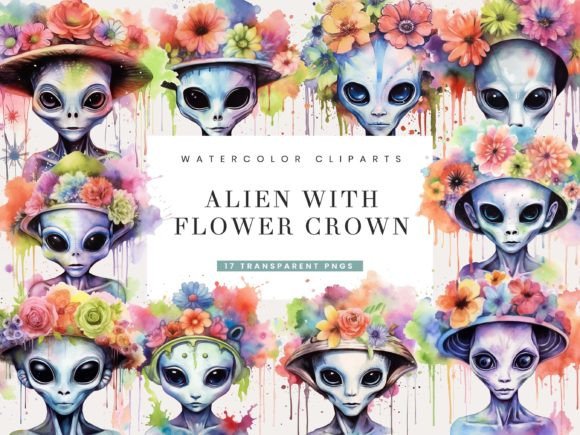 Download Watercolor Flower Crown Alien Clipart - Alien Collection